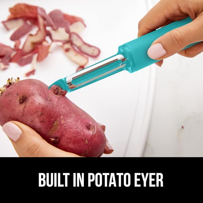 GORILLA GRIP Patented BPA-Free Sharp Stainless Steel Dual Swivel Vegetable Peeler, Soft Comfortable Handle, Smoothly Peel Apples Potatoes Carrots, Includes Blade Cover, Kitchen Tool Peelers, Turquoise