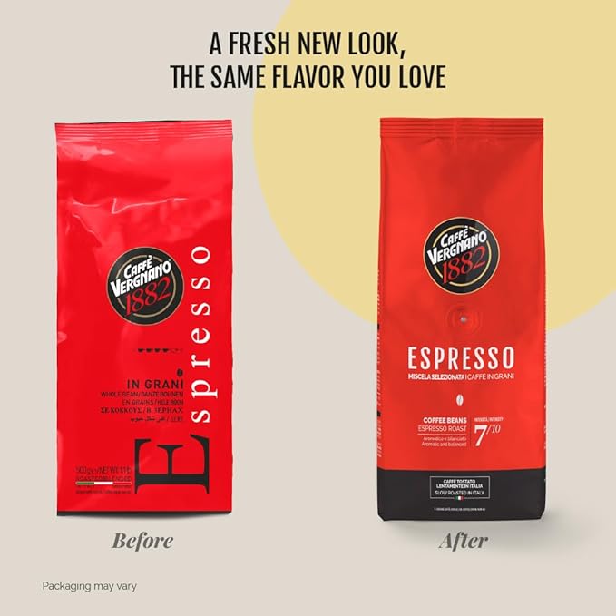 Caffe Vergnano 1882 Espresso Whole Bean Arabica Roast Coffee, 1.1 lb bag - Italian Medium Roast Coffee Beans with notes of Chocolate, Nuts & Caramel, Intensity 7/10-500g Bag (6 Pack)