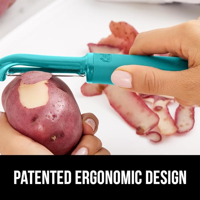 GORILLA GRIP Patented BPA-Free Sharp Stainless Steel Dual Swivel Vegetable Peeler, Soft Comfortable Handle, Smoothly Peel Apples Potatoes Carrots, Includes Blade Cover, Kitchen Tool Peelers, Turquoise