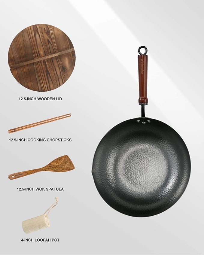 BIELMEIER Wok Pan 12.5", Woks and Stir Fry Pans with lid, Carbon Steel Wok with Cookware Accessories, Flat Bottom Suits for all Stoves