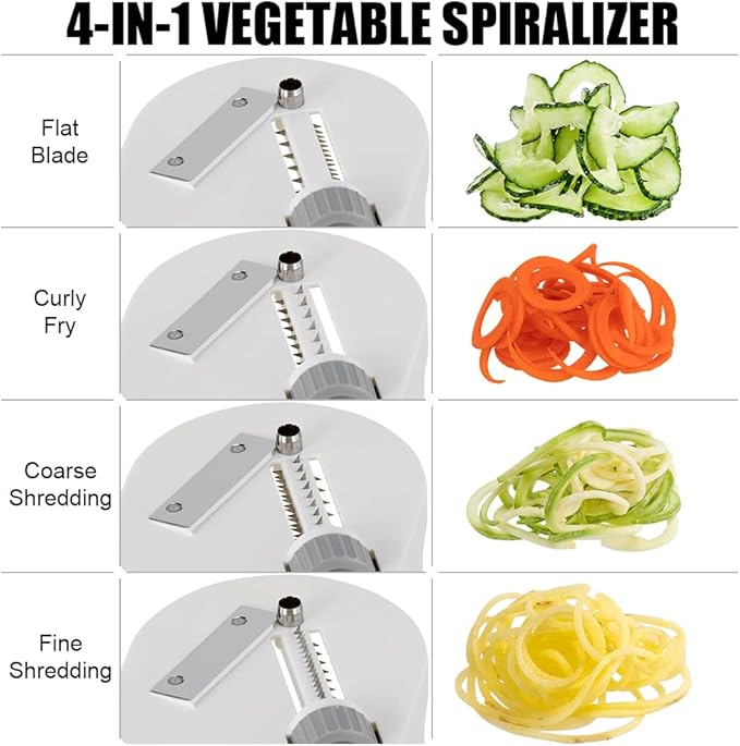 Vegetable Spiralizer 4-IN-1 Rotating Blade Veggie Spiralizer Zucchini Noodle Maker with Strong Suction Cup Spiral Vegetable Cutter Slicer - White