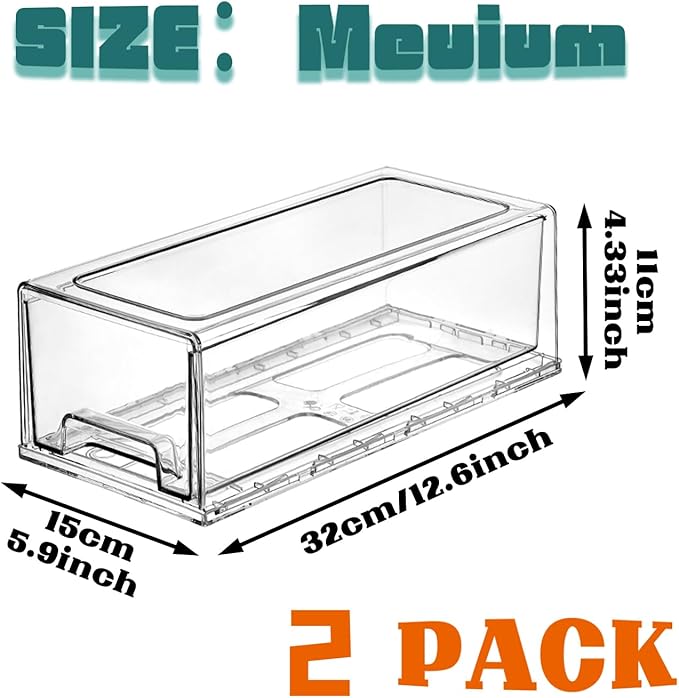 PeJeyiee 2 Pack Clear Stackable Refrigerator Organizers and Storage Drawers - Pull-Out Fridge Bins with Anti-Slip Base & Easy Clean, Plastic Organizers for Kitchen Pantry Cabinet Closet (Medium)