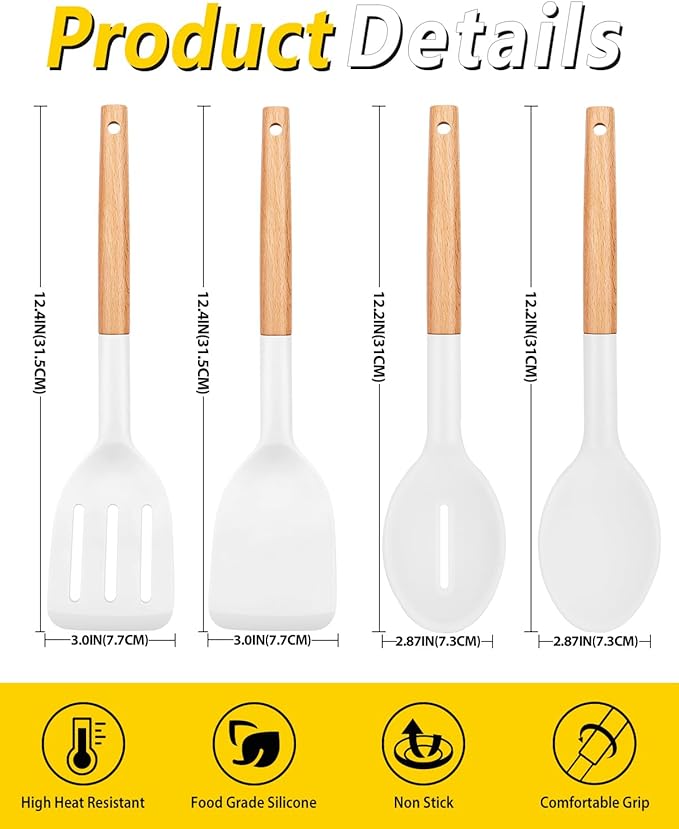 Pack of 4 Silicone Cooking Utensils Set, Non Stick Solid Spatulas and Heat Resistant Slotted Spoons with Wooden Handle, Ideal Wood Kitchen Utensils Set for Frying,Serving,Turning,Stirring (WHITE)