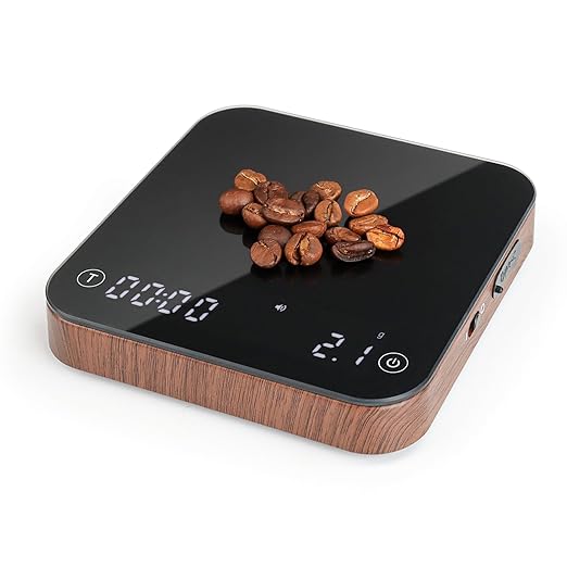 KitchenTour CaféMetric Coffee Scale with Timer 0.1g/2000g - Precision Scale for Espresso & Pour Over - Water Flow Speed Mode and Coffee Powder-to-Liquid Ratio Mode - Rechargeable, LCD Display-Wood