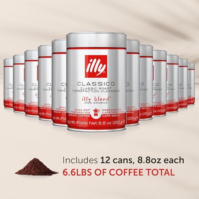illy Ground Coffee Moka - 100% Arabica Beans - Rich Aromatic – Classico Medium Roast - Notes of Caramel, Orange Blossom & Jasmine - No Preservatives – 8.8 Ounce, 12 Pack