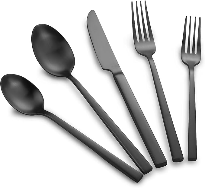 Stainless Steel Flatware Set Hand Forged 18/10 Silverware Set Matte Black Cutlery Set with Cuboid Handle Matte Finished 20 Pieces Home Event Use Wedding Housewarming Gift Service for 4