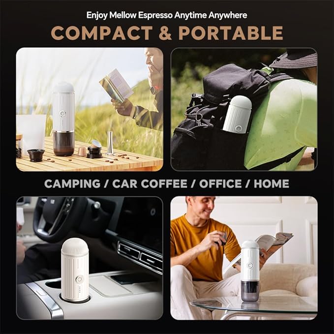 BENFUCHEN Portable Electric Espresso Machine, Travel Coffee Maker for Camping, On the Go Car Coffee Maker Self-Heating with USB-C, With Ground Coffee & N Espresso Capsule for RV/Hiking/Office, White