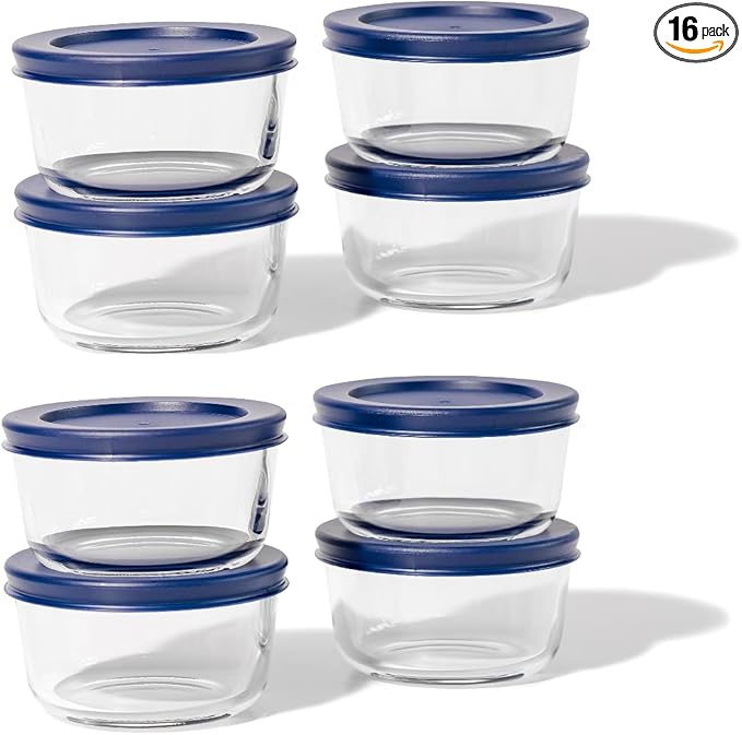 16-Piece Glass Food Storage Containers Set (8 Containers + 8 BPA-Free Lids) | 7-Ounce, Leakproof | Microwave, Freezer, Oven & Dishwasher Safe | Ideal for Meal Prep & Pantry Organization