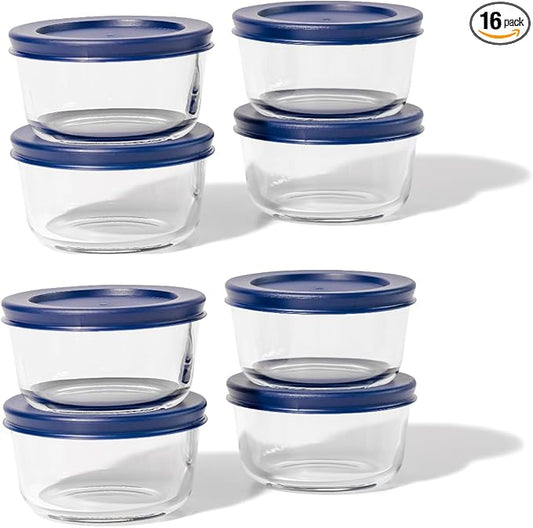 16-Piece Glass Food Storage Containers Set (8 Containers + 8 BPA-Free Lids) | 7-Ounce, Leakproof | Microwave, Freezer, Oven & Dishwasher Safe | Ideal for Meal Prep & Pantry Organization