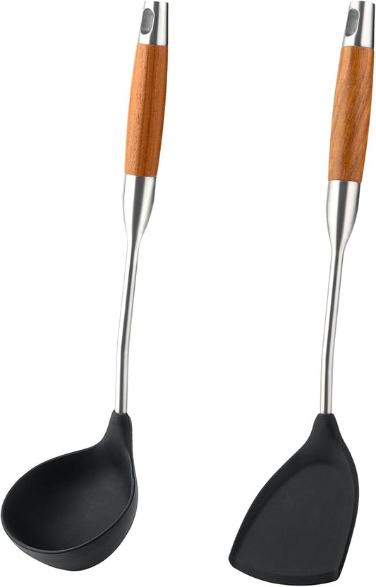 FJNATINH Silicone Spatula and Ladle Tool Set - Wok Tools, Wok Utensil,Stainless Steel Non Stick Heat-Resistant Kitchen Utensils BPA Free Cooking Utensils Cookware Wooden Handle,2 Pieces
