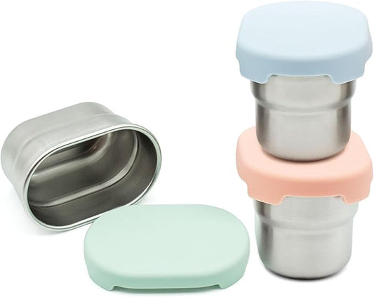 WeeSprout Stainless Steel Dip Containers with Leakproof Silicone Lids - 3 Pack - 2.7 Oz Reusable Snack & Sauce Cups - BPA-Free, Dishwasher & Freezer Safe Bento Box Lunch Boxes & Meal Prep Accessories