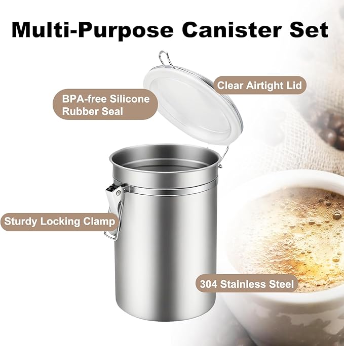 Airtight Coffee Canister, Coffee Storage Containers, Stainless Steel Kitchen Food Storage Jar for Grounds Coffee, Beans, Tea, Sugar, Flour, Cereal (Silver-1.8L*1+1.2L*2)