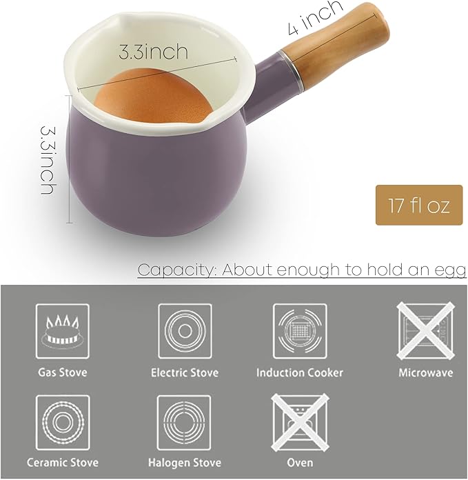 0.6qt Mini Enamel Milk Pot Insulated Wooden Handle 2 Pour Spouts Small Food Warmer Cute Saucepan(D015,Purple)