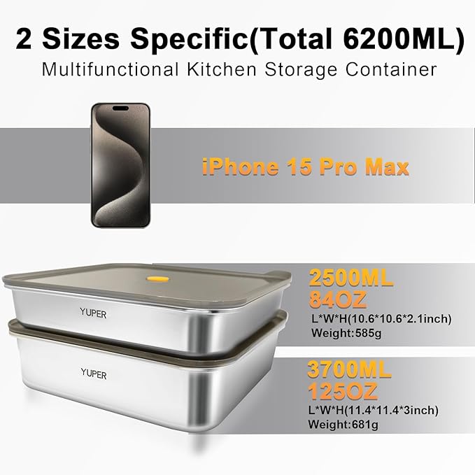 YUPER Stainless Steel Food Containers, Meal Prep Container, Bacon Cheese Container for Refrigerator, Stainless Steel Containers with Lids Fruit Lunch Storage, 2 Pack (84+125OZ)