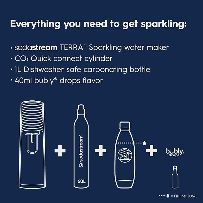 SodaStream Terra Sparkling Water Maker (Misty Blue) with CO2, DWS Bottle and Bubly Drop