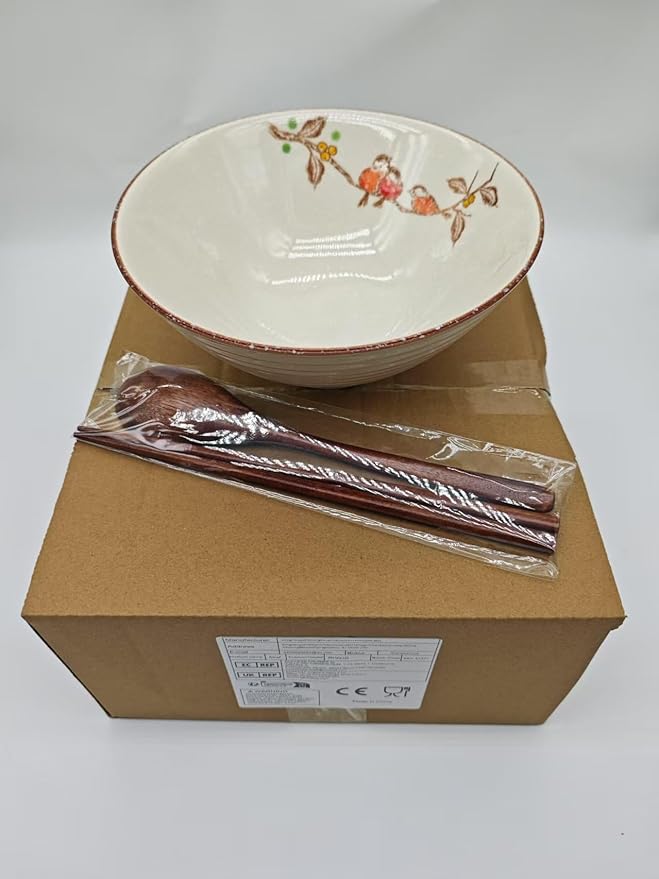 40 OZ ceramic ramen bowls, 8 IN large Japanese noodle soup bowl, match chopsticks and spoons, suitable for Pho, Udon Asian noodles (Flowers and birds)