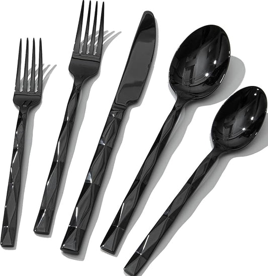 KINGSTONE Black Silverware Set, Luxury 60 Piece Flatware Set for, 18/10 Stainless Steel Cutlery Set with Diamond Cut Pattern for Kitchen, Home, Wedding, Party, Mirror Polished and Dishwasher Safe