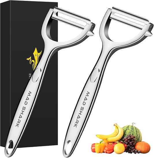 MAD SHARK Ultra Sharp Vegetable Peelers for Kitchen Fruit Apple Potato Peelers,Design with Ergonomic Non-Slip Handle, Y-Shaped Stainless Steel Serrated（Flat&Serrated Blade 2pc）