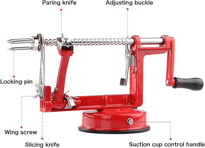 Apple Peeler Corer, Long lasting Chrome Cast Magnesium Alloy Apple Peeler Slicer Corer with Stainless Steel Blades and Powerful Suction Base for Apples and Potato(Red)