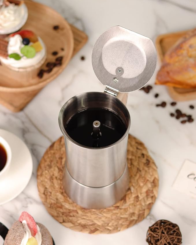 Sivaphe Stovetop Espresso Maker Stainless-Steel 3.5 oz, 1-2 Cup Coffee Maker Induction Moka Pot, 100ml Moka Campaing Coffee Pot, Induction Italian Mocha Pot with Step-by-step Instructions(1 Cup=50ml)