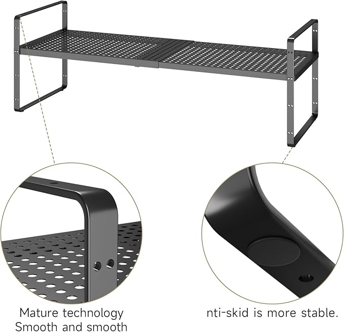 Hole Pattern Expandable Shelf Organizer,2Pack 10.2" Wide Easy to Assemble Cabinet Organizer Shelf, 16.5~27.1" Adjustable Height&Stackable Spice Organization for Cupboard, Black