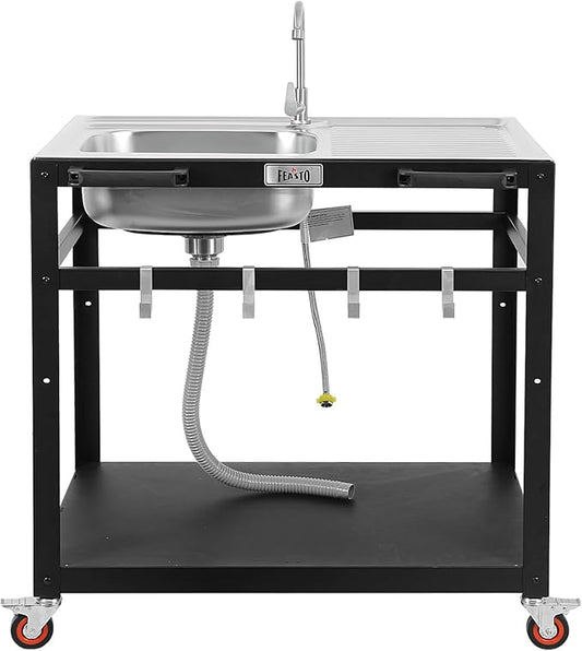 35” Outdoor Grill Cart with Sink, Outdoor Kitchen Sink Station with Hose Hook Up, Free Standing Sink with Wheels, Stainless Steel Sink with Single Bowl, Outdoor Utility Sink with Faucet