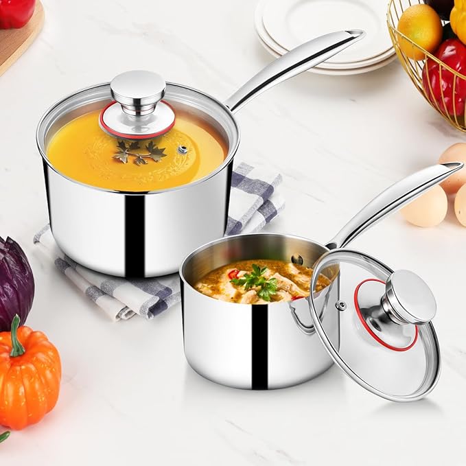 Homikit 2pcs Saucepans with Lid, 1QT & 2QT Tri-Ply Stainless Steel Sauce Pan Set, Heavy Duty Small Kitchen Pots for Cooking, Warming Milk, Boiling Eggs, Dishwasher Safe & Induction Compatible