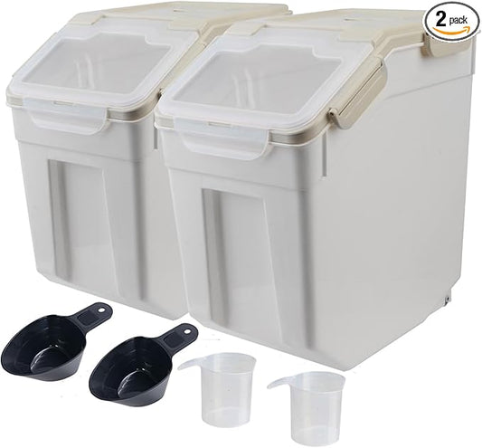 Large Flour Storage Container Bin 25lb, 2Pack Airtight Rice Storage Containers with Wheels Seal Locking Lid, BPA Free with Measuring Cup&Scoop for Flour, Rice, Grain(Gray)