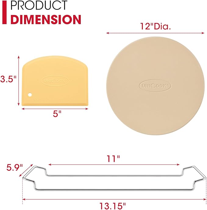 Unicook 12 Inch Round Pizza Stone for Oven and Grill, Cordierite Bread Baking Stone, Baking Crispy Pizzas, Bread and Cookies, Includes Carry Rack and Dough Scraper