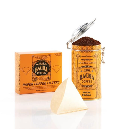 Bacha Coffee | Roman Holiday Fine Blended Coffee, Autograph Collection, 100% Arabica Specialty Coffee, Ground Beans, Medium Light Roast, 250g & 100% Natural Unbleached Wood Fibre Paper Filters, Small