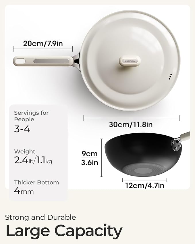 Carbon Steel Wok Pan - 11.8 Inch Pre-Seasoned Flat Bottom Chinese Woks & Stir Fry Pans with Lid, Lightweight Kitchen Cookware for All Stovetops, Gas, Electric, Gift Set for Women/Mom