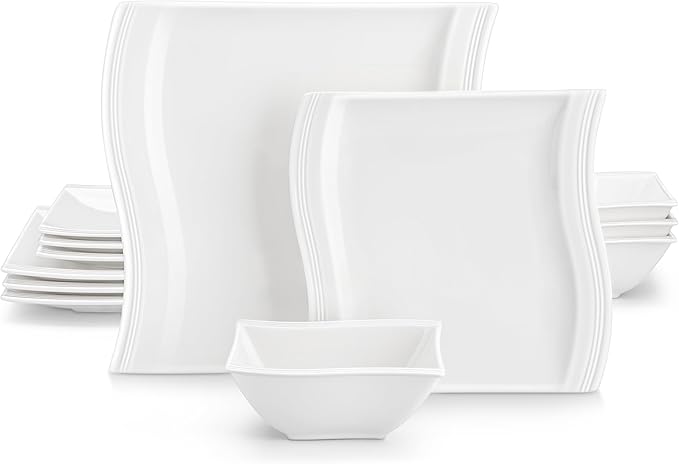 MALACASA Ivory White Dinnerware Set, 12 Pieces - Porcelain Dinner Plates, Dessert Plates and Bowls, Square Flora Pattern