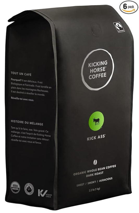 Kicking Horse Coffee Kick Ass, Dark Roast, Whole Bean, Certified Organic, Fairtrade, Kosher, Black, 1 Kg, Pack of 6