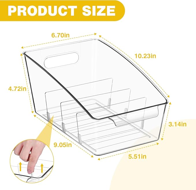 6 Pack Clear Pantry Organizer Storage Bins Removable Snack Organizer Plastic Cabinet Organizers Racks with 3 Dividers, Refrigerator Bins Kitchen Storage