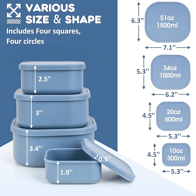 8PCS Silicone Food Storage Containers with Lids,10oz to 51oz,Reusable Leakproof Nesting & Stackable Bento Lunch Box,Microwave Freezer Dishwasher Oven Safe Meal Prep Containers,BPA Free, Slate Blue
