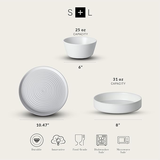 Stone Lain Elica 12-Piece Modern Dinnerware Set Stoneware, Plates and Bowl Sets for 4, White