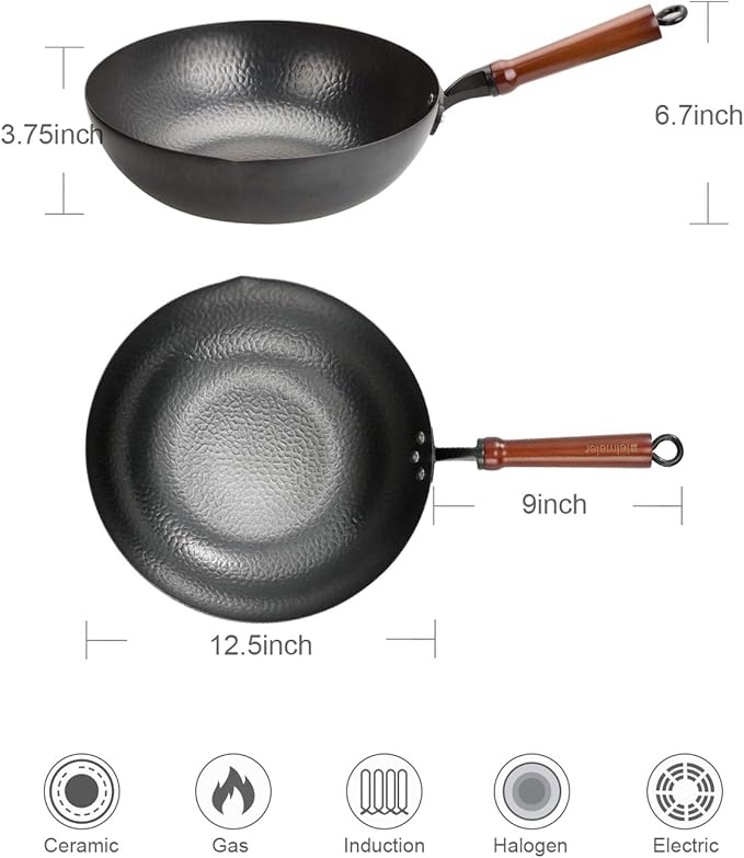 BIELMEIER 12.5" Wok Pan- Woks and Stir Fry Pans, Carbon Steel Wok, Flat Bottom Wok with Lid Suits for all Stoves