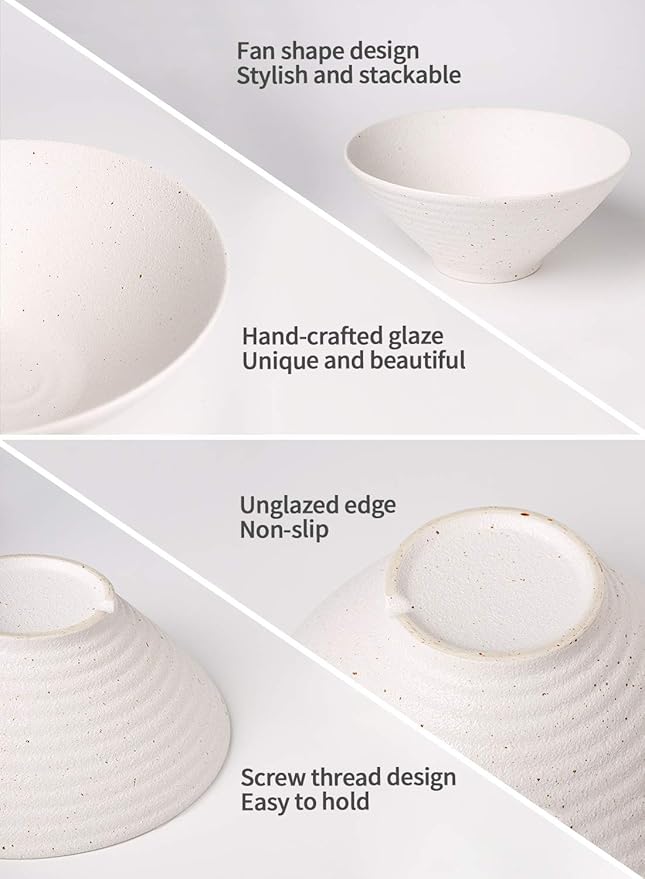 Kanwone Ceramic Japanese Ramen Bowl Set, Noodle Soup Bowls - 37 Ounce, with Matching Spoons and Chopsticks for Udon Soba Pho Asian Noodles, Set of 2, White