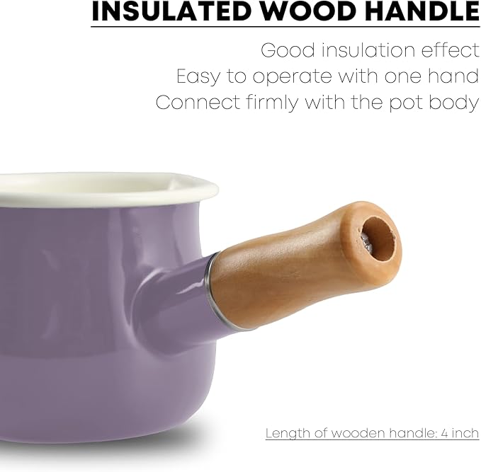 0.6qt Mini Enamel Milk Pot Insulated Wooden Handle 2 Pour Spouts Small Food Warmer Cute Saucepan(D015,Purple)