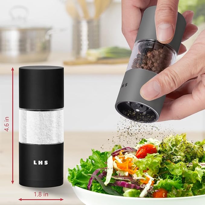 LHS Premium Salt and Pepper Grinder Set, Stainless Steel Salt Pepper Shaker Set, Refillable Pepper Grinder and Salt Mill with Adjustable Coarseness for Kitchen Use - 4.6 Inches(2-Pack, Grey & Black)