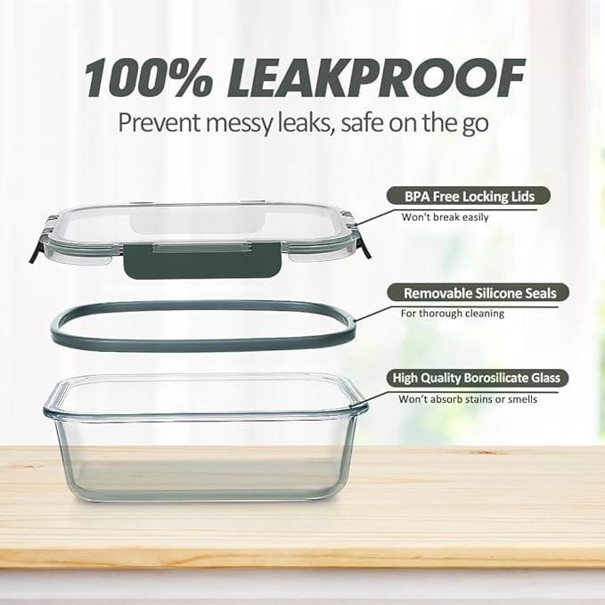 VERONES 12 Packs Glass Food Storage Containers Set, Airtight Glass Lunch Containers, Glass Meal Prep Containers with Lids,Exclusive of BPA, for Microwave, Oven, Freezer & Dishwasher Friendly,Grey