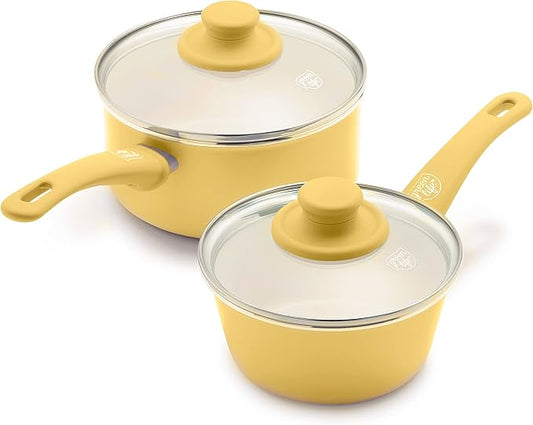 GreenLife Soft Grip 1QT and 2QT Saucepan Set, Healthy Ceramic Nonstick, Non Toxic PFAS & PFOA-Free, Dishwasher Safe, Glass Lids, Stay-Cool Handles, Easy Clean Cookware, Kitchen Essentials, Yellow