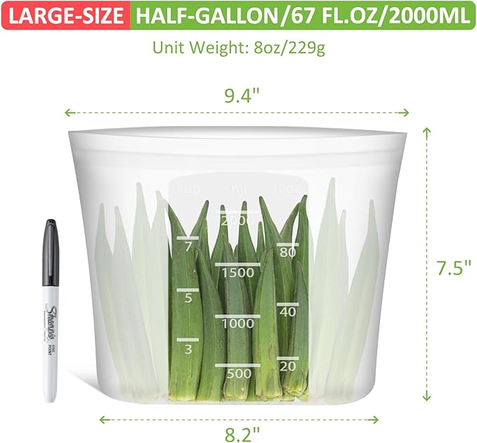 Reusable Food Storage Bags Half-Gallon, 4 Pack 100% Silicone Food Storage Bags Stand-Up Wide-Mouth Zip-Lock for Large Items, 67 fl.oz/2000 ml, Freezer Microwave Oven Dishwasher Safe, Translucent