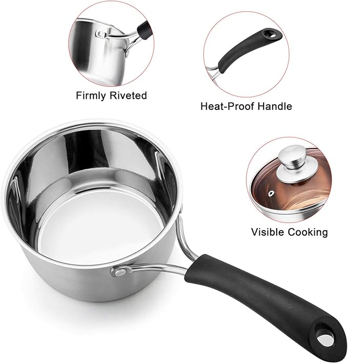 TeamFar 1 Quart Saucepan, Stainless Steel Saucepan with Lid, Small Sauce Pot Milk Pan Cookware for Home Cooking, Non Toxic & Healthy, Easy Clean & Dishwasher Safe