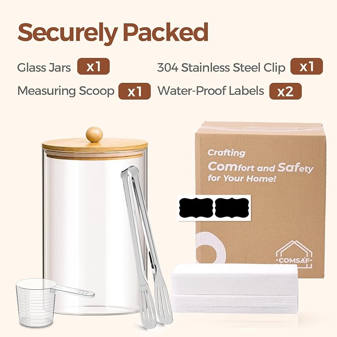 ComSaf 1 Gallon Glass Jar, 3.9 Qt Flour Container, Large Glass Canister with Lid, Food Storage Pantry with Spoon and Clip for Sugar, Oat, Rice, Beans, Pasta, Coffee, Grain