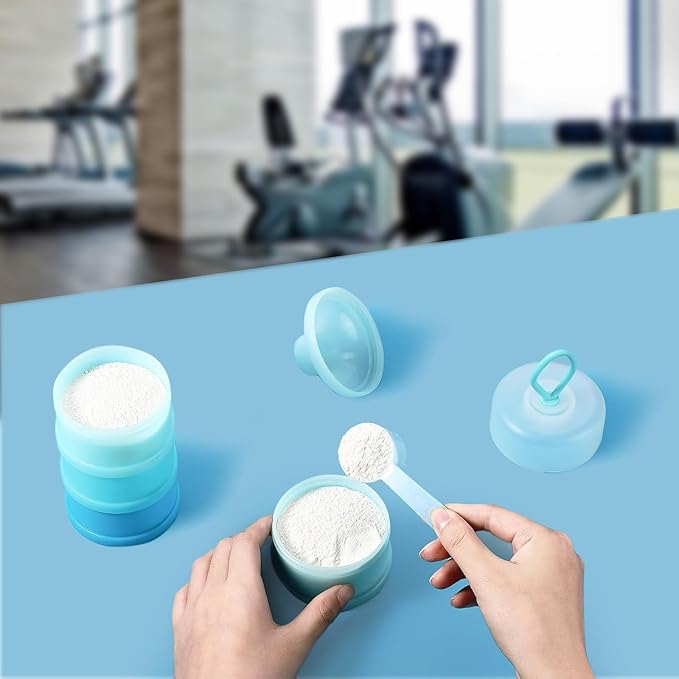 2 Pcs Protein Powder Container with Stackable Design, Portable Dispenser with Keychain, 4-Tier Leakproof Travel Powder Storage for Workout, Fitness, and Travel (Blue)