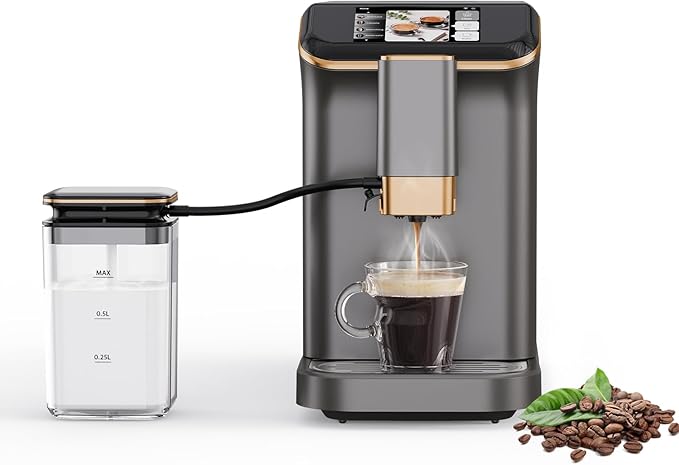 Fully Automatic Espresso Machine with Smart TFT Touchscreen, Brewing System and Automatic Milk Frothing System, 6 One-Touch Programs, 1.5L Detachable Water Tank for Home/Office Use, Gray&Gold