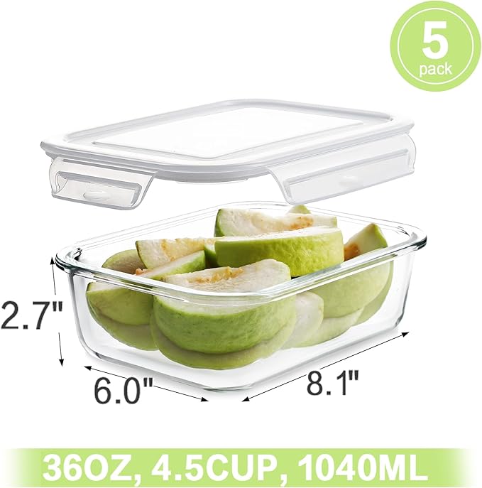 HOMBERKING Large Glass Meal Prep Containers, 5 Sets 35oz | 4.5cups, Food Storage With Lids, Airtight Bento Boxes, BPA Free & Leak Proof (5 Lids & 5 Containers)