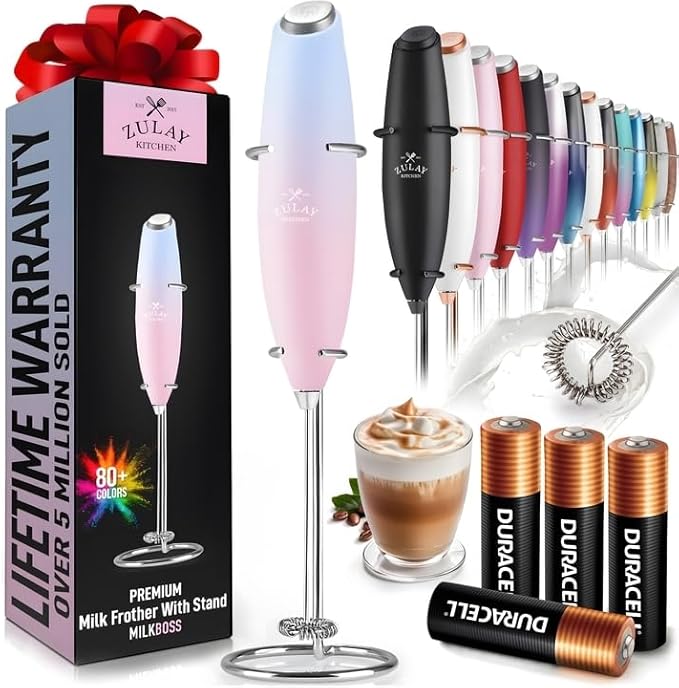 Zulay Kitchen Powerful Milk Frother Wand With 4 AA Duracell Batteries - Ultra Fast Handheld Drink Mixer - Electric Whisk Foam Maker for Coffee, Lattes, Cappuccino, Matcha & Creamer -