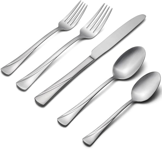 Alata Alice 40-Piece Silverware Set Stainless Steel Flatware Set,Service for 8,Matte Satin Polished Cutlery Set,Dishwasher Safe